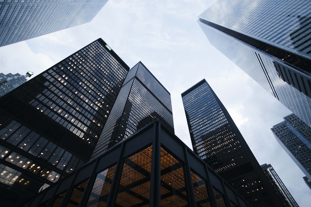 Modern corporate towers viewed from below